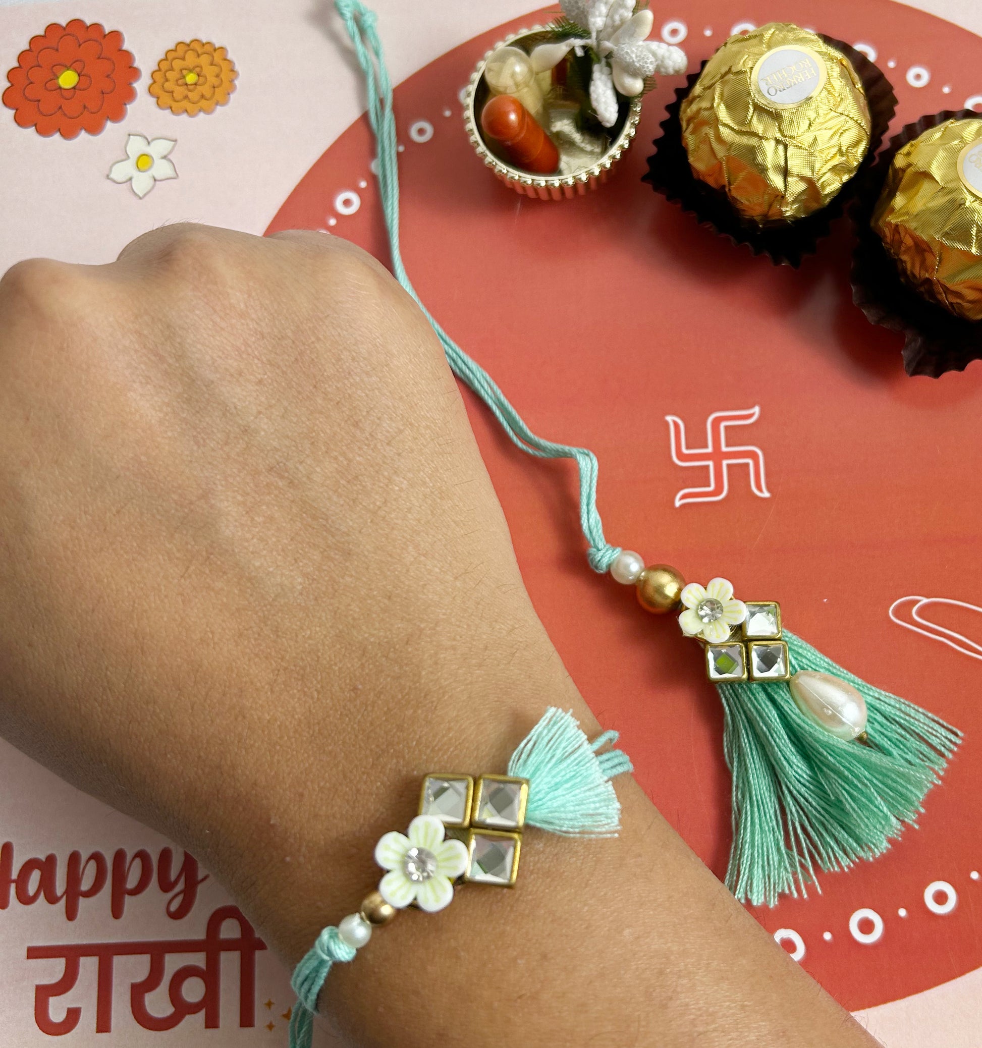 Sea Green Tassel Couple Rakhi